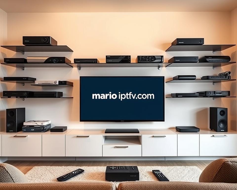 A modern home entertainment setup with a sleek, minimalist aesthetic. In the center, a high-definition television displays the marioiptvfr.com brand, surrounded by various streaming devices and remote controls. The lighting is soft and warm, creating a cozy, inviting atmosphere. In the background, a wall-mounted shelving unit holds an array of media players, routers, and other IPTV-related equipment. The overall composition emphasizes the ease and convenience of choosing the best IPTV service in France, making it an ideal visual accompaniment to the article's subject.