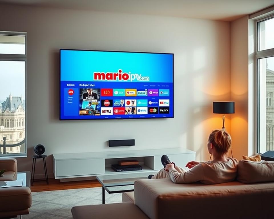 A modern living room with a large flat-screen TV mounted on the wall. The TV screen displays the marioiptvfr.com logo, indicating an online TV subscription service. The room has minimalist decor with sleek furniture, warm lighting, and large windows allowing natural light to filter in. A person is sitting on a comfortable couch, casually browsing through various TV channels and streaming options on the TV. The scene conveys a sense of convenience, accessibility, and the flexibility of modern online TV services.