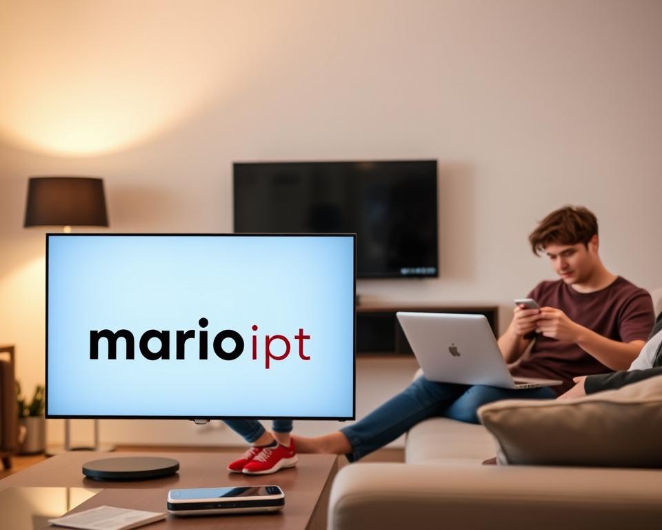 A modern living room with three people of various ages immersed in different digital devices - a young child on a tablet, a teenager on a smartphone, and an adult on a laptop. Soft, indirect lighting highlights the scene, creating a warm, cozy atmosphere. The room is tastefully decorated with minimalist furniture and muted color tones, emphasizing the multi-screen consumption experience. In the foreground, the "marioiptvfr.com" brand logo is subtly displayed on a wall-mounted smart TV, suggesting the integration of IPTV services into the household's daily digital lifestyle.