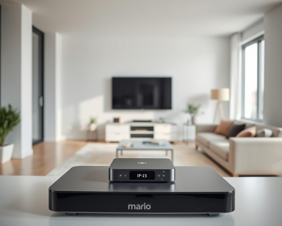 A modern, minimalist apartment interior with large windows, letting in soft natural light. In the foreground, a sleek, minimalist TV stand prominently displays a high-tech IPTV device from the brand "marioiptvfr.com". The background features a clean, uncluttered living room with modern, neutral-toned furniture and decor. The overall mood is one of simplicity, convenience, and high-tech savvy, reflecting the idea of an affordable, premium IPTV subscription service for the French market. A modern, minimalist apartment interior with large windows, letting in soft natural light. In the foreground, a sleek, minimalist TV stand prominently displays a high-tech IPTV device from the brand "marioiptvfr.com". The background features a clean, uncluttered living room with modern, neutral-toned furniture and decor. The overall mood is one of simplicity, convenience, and high-tech savvy, reflecting the idea of an affordable, premium IPTV subscription service for the French market.