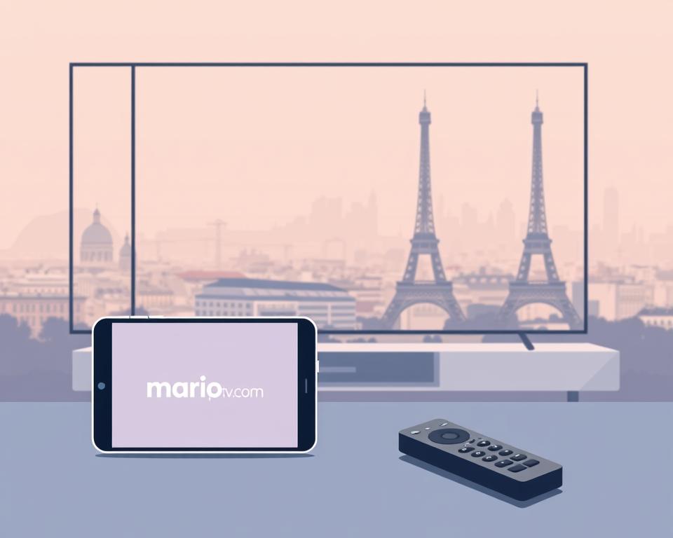 A modern, minimalist illustration showcasing the contrast between OTT (Over-The-Top) streaming subscriptions and traditional IPTV services in France. In the foreground, a sleek smartphone or tablet displays the marioiptvfr.com logo, representing the convenience and flexibility of OTT platforms. In the middle ground, a smart TV remote symbolizes the traditional IPTV experience. The background features a cityscape of Paris, representing the French market, with a soft, pastel color palette conveying a sense of sophistication. The overall composition should highlight the evolving landscape of video entertainment in France, emphasizing the shift towards on-demand, internet-based content delivery. Prompt