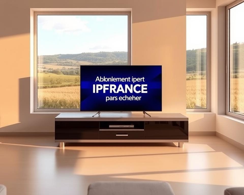 A modern, minimalist interior with a sleek, silver entertainment system featuring the "marioiptvfr.com" brand. The room is bathed in warm, natural lighting, with large windows overlooking a scenic French countryside. On the entertainment system, a digital display showcases the "Abonnement IPTV France pas cher" offering, highlighting its affordability and high-quality content. The atmosphere conveys a sense of comfort, relaxation, and easy access to a vast selection of French television and media.