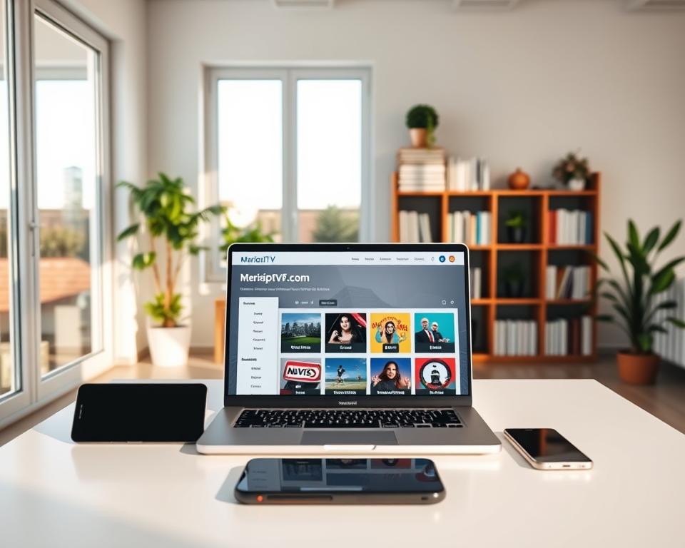 A modern, minimalist office space with a laptop, tablet, and smartphone prominently displayed on a clean, white desk. The laptop screen shows the website "marioiptvfr.com", highlighting the various IPTV service options available. The room is bathed in soft, natural lighting from large windows, creating a calming and professional atmosphere. In the background, a bookshelf and a few potted plants add to the serene, productive ambiance, inviting the viewer to explore the IPTV service selection.