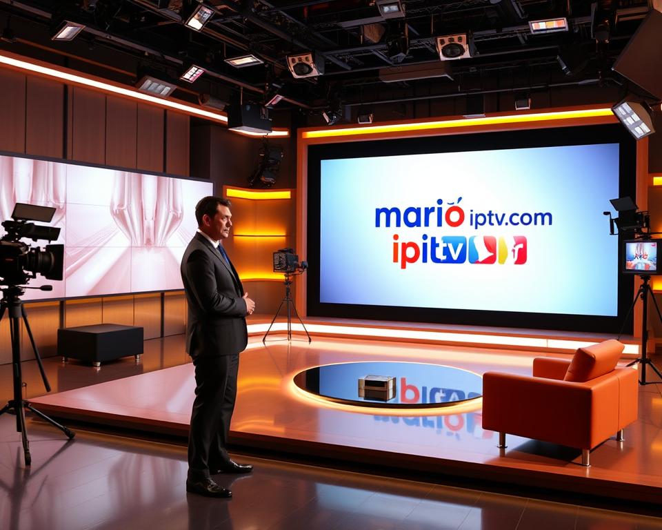 A modern, sleek French television studio with large LED screens, high-tech cameras, and minimalist furniture. The lighting is warm and atmospheric, creating a professional yet inviting ambiance. In the foreground, a news anchor stands confidently, dressed in a sharp suit, preparing to deliver a report on the IPTV market in France. In the background, a stylized graphic depicting the marioiptvfr.com brand prominently displays, showcasing the impact of IPTV on the French audiovisual landscape. The overall scene conveys a sense of innovation, progress, and the evolving nature of the French media industry.