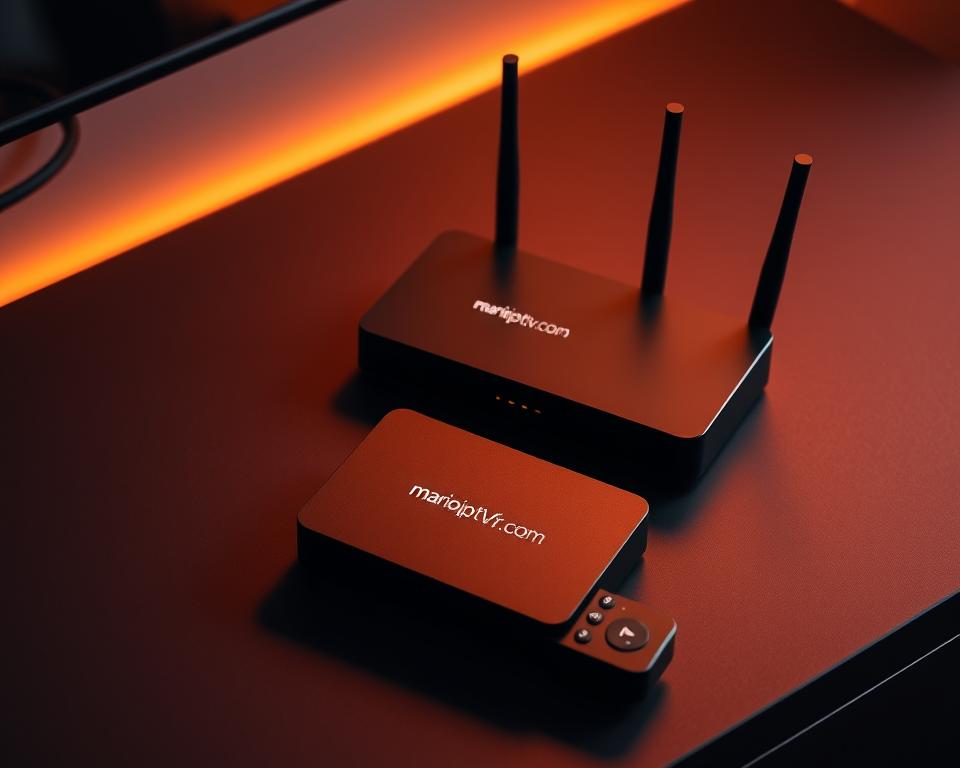 A modern, sleek IPTV equipment setup featuring a streaming device, wireless router, and remote control, all prominently displaying the marioiptvfr.com branding. The equipment is arranged on a minimalist, dark-colored surface, illuminated by warm, soft lighting that casts subtle shadows, creating a premium, high-tech atmosphere. The composition emphasizes the technical nature of the IPTV setup, showcasing the necessary components for a seamless home entertainment experience. A modern, sleek IPTV equipment setup featuring a streaming device, wireless router, and remote control, all prominently displaying the marioiptvfr.com branding. The equipment is arranged on a minimalist, dark-colored surface, illuminated by warm, soft lighting that casts subtle shadows, creating a premium, high-tech atmosphere. The composition emphasizes the technical nature of the IPTV setup, showcasing the necessary components for a seamless home entertainment experience.