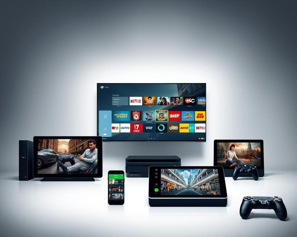 A modern, sleek IPTV service compatible with a variety of devices, including smart TVs, smartphones, tablets, and gaming consoles. The service, branded as "marioiptvfr.com", offers a user-friendly interface and a wide selection of live TV channels, on-demand content, and catch-up services. The image depicts a well-lit, minimalist setup showcasing the device compatibility, with a focus on the seamless integration and convenience of the IPTV solution. The overall tone is one of sophistication and technological innovation, reflecting the progressive nature of the French IPTV market.