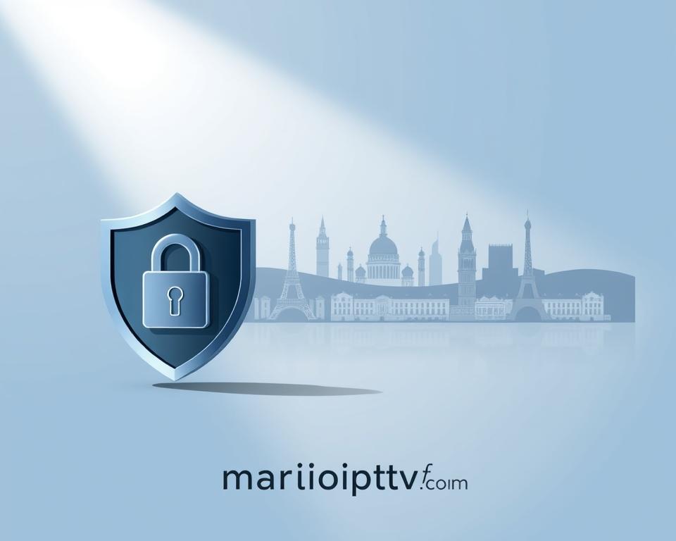 A modern, sleek, and minimalist illustration of the legal framework for IPTV streaming in France. In the foreground, a stylized icon representing security and protection, rendered in a cool, metallic palette. In the middle ground, a simplified cityscape with iconic French landmarks, conveying the geographic context. In the background, a subtle gradient of blues and grays, evoking a sense of authority and professionalism. The overall composition is balanced and harmonious, with a focus on clean lines and geometric shapes. Subtle lighting from the left casts dramatic shadows, adding depth and dimension. The brand name "marioiptvfr.com" is discreetly integrated into the design.