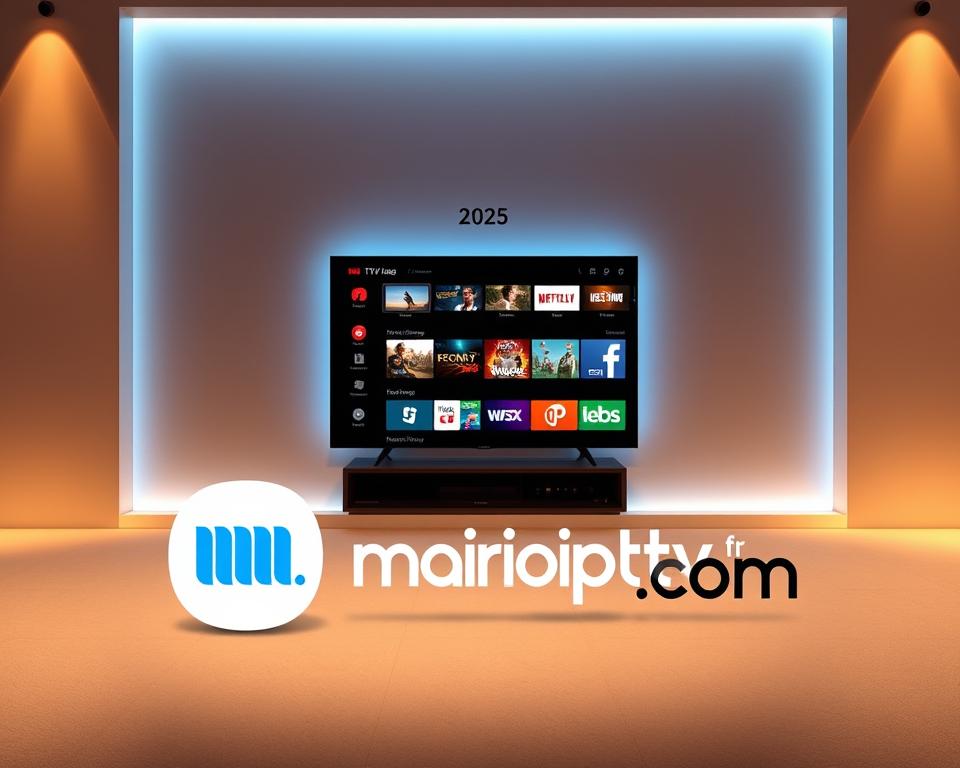 A modern, sleek, and visually striking depiction of a cutting-edge IPTV service in France for the year 2025. Set against a minimalist backdrop, the image showcases the marioiptvfr.com brand logo prominently in the foreground, conveying a sense of innovation and technological advancement. The middle ground features a clean, user-friendly interface with intuitive controls and a diverse selection of content, hinting at the convenience and accessibility of the service. The background subtly suggests the broader societal impact of this legal IPTV revolution, with glimpses of urban cityscapes and a sense of connectivity. Warm, soft lighting and a color palette of blues and grays create a refined, professional atmosphere, reflecting the maturity and reliability of this transformative IPTV offering.