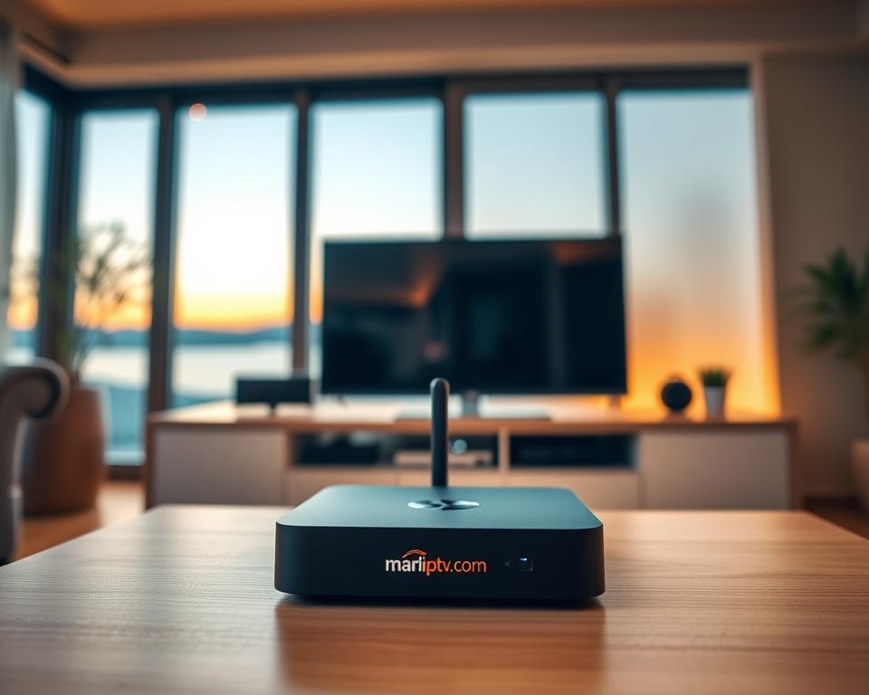 A modern, sleek home entertainment setup with an array of IPTV devices, including a smart TV, a streaming box, and a compact IPTV receiver emblazoned with the marioiptvfr.com logo. The setup is illuminated by warm, ambient lighting, creating a cozy and immersive atmosphere. The devices are arranged on a minimalist, wooden entertainment unit, showcasing their sophisticated design. In the background, a large window offers a scenic view, blending the indoor and outdoor environments. The overall scene conveys the convenience and cutting-edge technology of the IPTV ecosystem, perfectly complementing the article's focus on the evolution of IPTV in France.