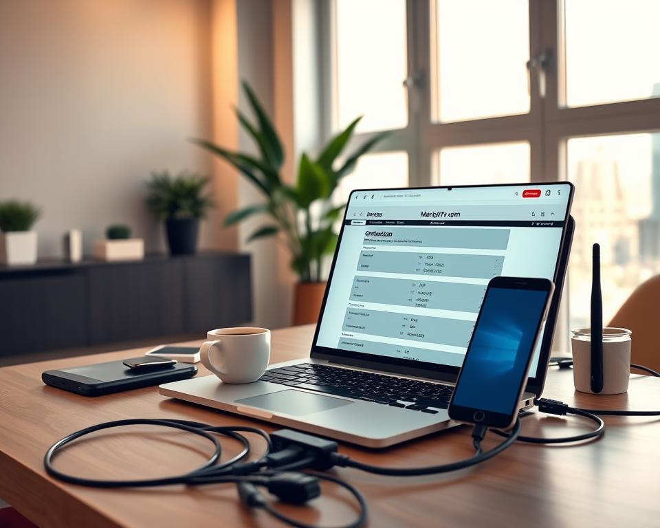 A modern, sleek home office setup with a laptop, smartphone, and router prominently displayed. The lighting is soft and warm, creating a cozy, productive atmosphere. The room features clean lines, minimalist decor, and large windows letting in natural light. In the foreground, the laptop screen displays the marioiptvfr.com website, showcasing optimized IPTV connection settings. The middle ground includes various networking cables, a coffee mug, and a plant, conveying a sense of balance and efficiency. The background shows a cityscape view, hinting at the importance of a reliable internet connection for enjoying IPTV services.