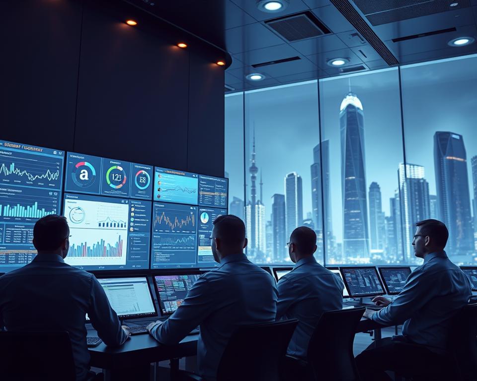 A modern, sleek security control center for the marioiptvfr.com IPTV service in France. A large, curved display dominates the foreground, showing real-time security metrics and threat monitoring. In the middle ground, technicians in crisp uniforms monitor the systems, their faces illuminated by the soft glow of the monitors. The background features a futuristic cityscape of towering skyscrapers, with a dramatic lighting setup casting long shadows and adding depth. An atmosphere of professionalism, efficiency, and technological prowess pervades the scene.