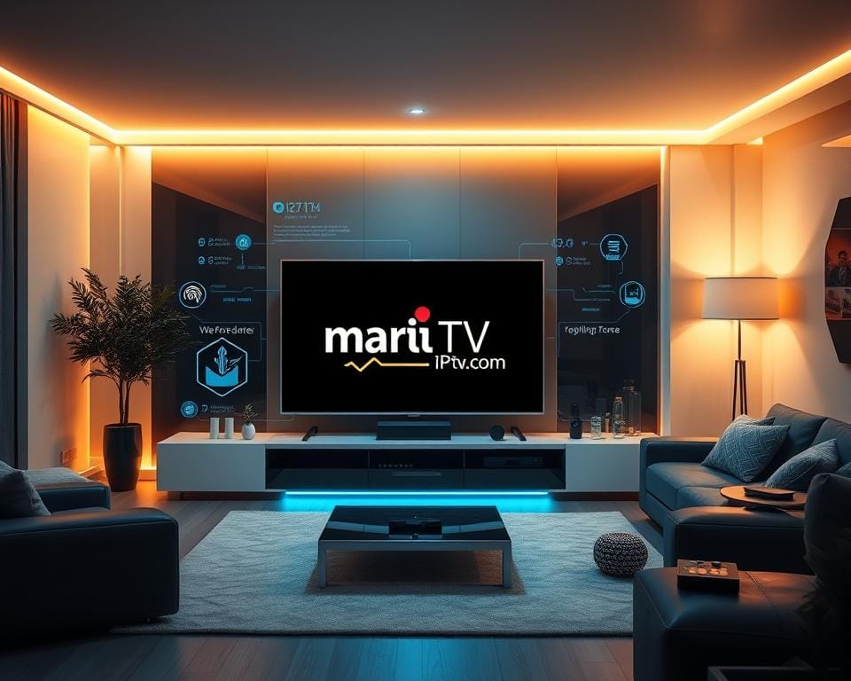 A modern, tech-savvy living room with a sleek, minimalist aesthetic. In the center, a state-of-the-art smart TV displaying the marioiptvfr.com brand logo, surrounded by cutting-edge IPTV devices and peripherals. The room is bathed in warm, soft lighting, creating a cozy, inviting atmosphere. In the background, futuristic holograms and data visualizations hint at the advanced capabilities of the IPTV system. The overall scene conveys a sense of innovation, efficiency, and the seamless integration of technology into everyday life.