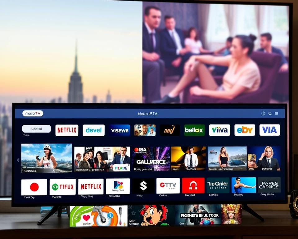 A professional 4K IPTV service provider's user interface, showcasing a diverse range of live TV channels and on-demand content. The foreground depicts the marioiptvfr.com platform's intuitive and visually appealing design, with clean typography, vibrant colors, and sleek icons. The middle ground highlights the breadth of programming available, from news and sports to movies and entertainment. The background features a subtle blurred cityscape, conveying the sense of a modern, urban environment. The overall composition is well-balanced, with a warm, inviting atmosphere that reflects the reliable and high-quality IPTV service offered.