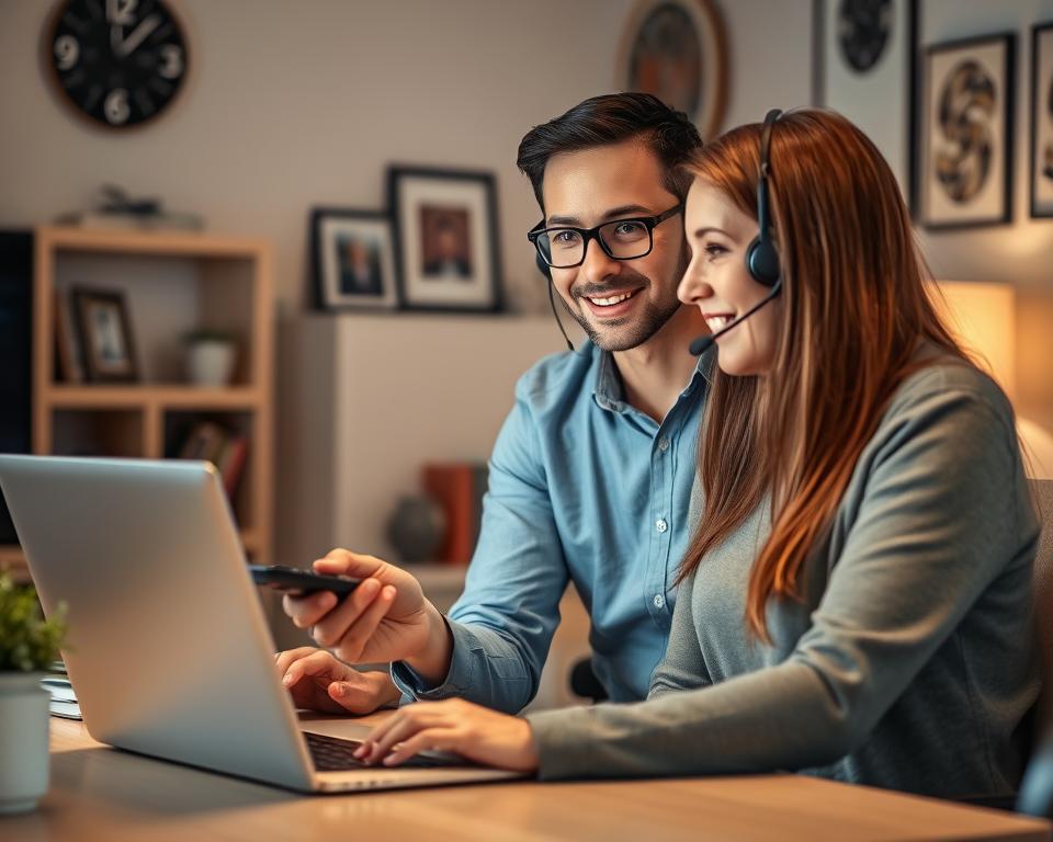 A professional customer service representative in a cozy office, assisting a client with a laptop and remote control, showcasing the marioiptvfr.com IPTV service. Soft lighting illuminates the scene, creating a welcoming atmosphere. The representative's expression conveys attentiveness and a willingness to help. The background features subtle IPTV-related decor, hinting at the technical expertise behind the service. The overall composition emphasizes the personal, high-quality support available to marioiptvfr.com customers.