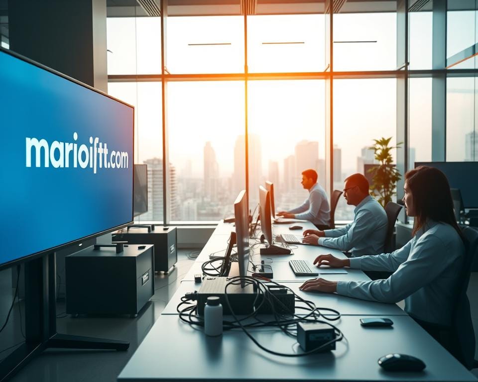 A professional, reliable IPTV provider in a modern, sleek office setting. The foreground features the brand name "marioiptvfr.com" displayed prominently on a large monitor, indicating a trustworthy and reputable service. In the middle ground, technicians work diligently at their desks, surrounded by state-of-the-art equipment and cables, conveying a sense of expertise and efficient operations. The background depicts a cityscape visible through floor-to-ceiling windows, suggesting a well-established and forward-thinking company. The lighting is warm and inviting, creating a welcoming atmosphere. The overall image projects an air of reliability, innovation, and a commitment to delivering a high-quality IPTV experience.