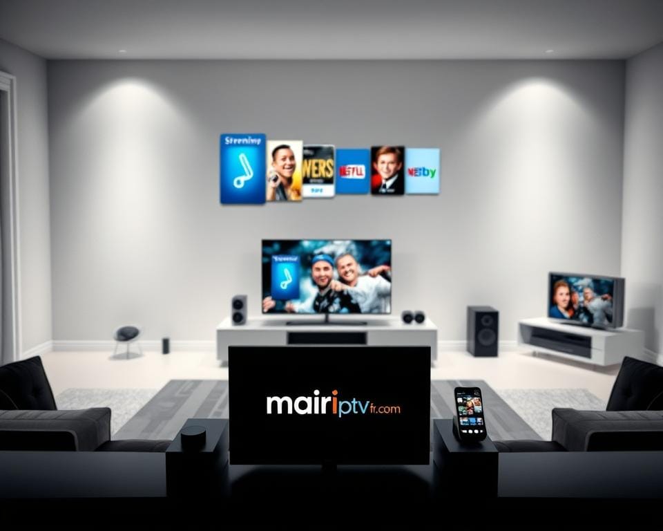 A seamless convergence of streaming services and IPTV, showcasing the future of entertainment. In the foreground, a sleek IPTV interface displays the marioiptvfr.com brand, blending streaming content and traditional TV channels. The middle ground features various devices, from smart TVs to mobile phones, all connected and syncing digital media. The background depicts a modern, minimalist living room setting, with subtle lighting and clean lines, creating a sense of technological harmony. The overall atmosphere conveys the effortless integration of diverse media platforms, reflecting the evolving landscape of the IPTV industry in France.