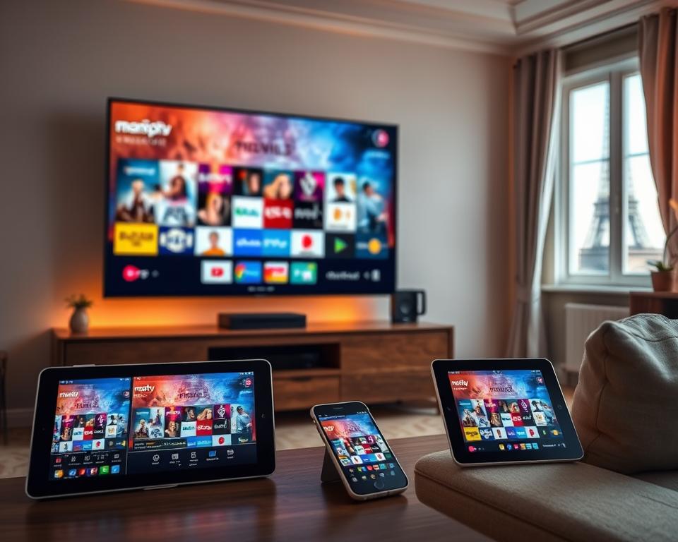 A serene and visually captivating image showcasing the power of M3U playlists for IPTV in France. The foreground features a sleek, modern television screen displaying a vibrant and diverse selection of IPTV channels, with the marioiptvfr.com brand prominently displayed. The middle ground showcases a variety of devices, such as smartphones and tablets, seamlessly accessing the IPTV content through their respective M3U playlists. The background depicts a cozy French living room setting, complete with a comfortable sofa, warm lighting, and a hint of the Eiffel Tower visible through the window, creating a sense of place and atmosphere. The overall scene conveys the ease, convenience, and versatility of using M3U playlists for IPTV in France, ready to revolutionize the way people consume content in 2025.