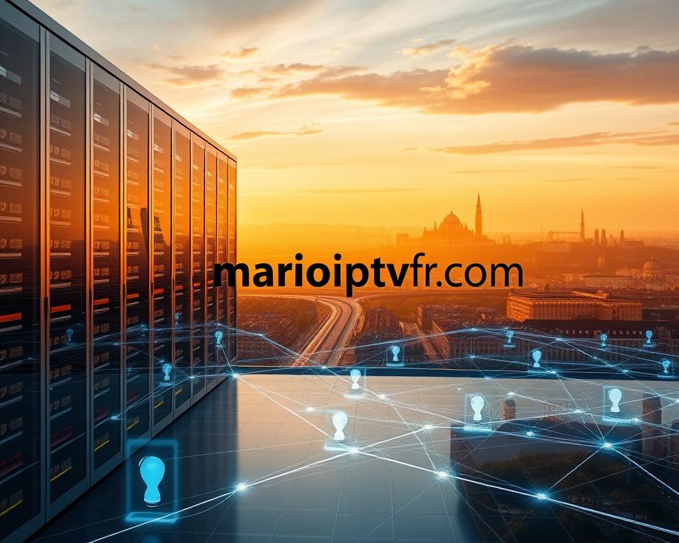 A serene digital landscape with a sleek, modern data center in the foreground, its servers and storage arrays glowing with an aura of security. In the middle ground, a network of holographic data streams flow seamlessly, protected by a shimmering firewall. The background features a cityscape of French landmarks, bathed in a warm, golden light to evoke a sense of trust and reliability. The marioiptvfr.com brand name is prominently displayed, integrated into the architectural design. The overall composition conveys the importance of data privacy and protection for French IPTV users.