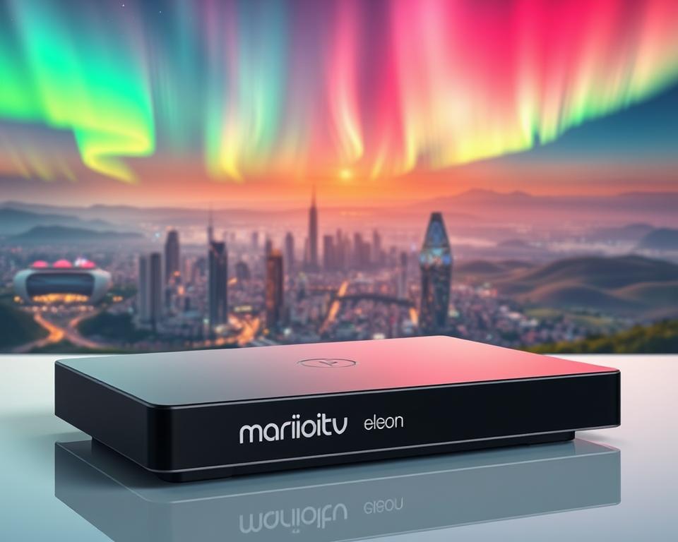 A serene, futuristic landscape showcasing the evolution of free streaming in France. In the foreground, a sleek, modern device emblazoned with the branding "marioiptvfr.com" effortlessly streams vibrant, high-quality content. The middle ground features a cityscape with towering skyscrapers and futuristic architecture, hinting at the technological advancements transforming the streaming landscape. In the background, a breathtaking vista of rolling hills and a vibrant, aurora-lit sky sets the mood for a hopeful, innovative future for free streaming in France.