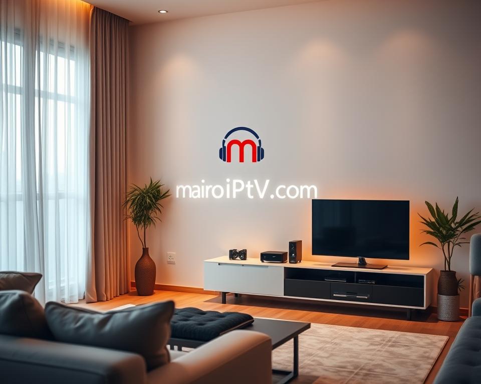 A serene living room with a high-end IPTV setup prominently displayed on a sleek TV stand. Soft, warm lighting illuminates the space, creating a cozy and inviting atmosphere. The marioiptvfr.com brand logo is subtly integrated into the design, exuding a sense of quality and reliability. The room is decorated with modern, minimalist furnishings, complementing the clean lines of the IPTV equipment. The focus is on showcasing the seamless integration of cutting-edge IPTV technology into a stylish, comfortable home environment, reflecting the optimal IPTV experience.