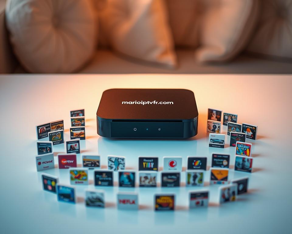 A serene, photorealistic image showcasing a diverse range of IPTV subscription options available in France. Set against a soft, blurred background, the focal point is a sleek, modern IPTV box, prominently displaying the brand name "marioiptvfr.com". The box is surrounded by various package options, each represented by icons or miniature product shots, conveying the breadth of affordable IPTV services catering to the French market. The lighting is warm and inviting, creating a sense of accessibility and user-friendliness. The overall composition is balanced and visually appealing, reflecting the versatility and cost-effectiveness of the IPTV subscriptions featured.