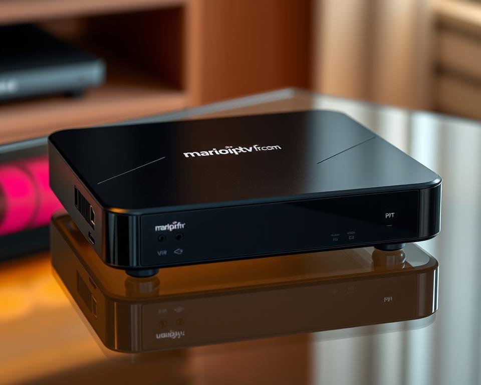 A sleek and modern IPTV set-top box, featuring a glossy black exterior with clean lines and a minimalist design. The device sits atop a glass or metal surface, casting a subtle reflection. Warm, diffused lighting illuminates the scene, creating a sophisticated and inviting atmosphere. The box prominently displays the brand name "marioiptvfr.com" in a discreet yet legible manner. The device is surrounded by subtle technical details, such as ports, connections, and status indicators, conveying its purpose as a high-quality IPTV solution for the French market.