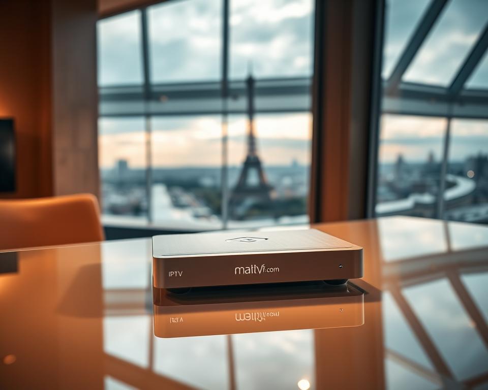 A sleek and modern IPTV set-top box sits prominently on a minimalist glass desk, its clean lines and subtle branding (marioiptvfr.com) conveying a sense of premium quality. The device is bathed in warm, directional lighting, casting soft shadows that add depth and dimension. In the background, a cityscape of Paris can be seen through large panoramic windows, the iconic Eiffel Tower peeking out in the distance. The overall scene exudes a professional, high-tech atmosphere, reflecting the technical aspects of a cutting-edge IPTV service tailored for the French market.