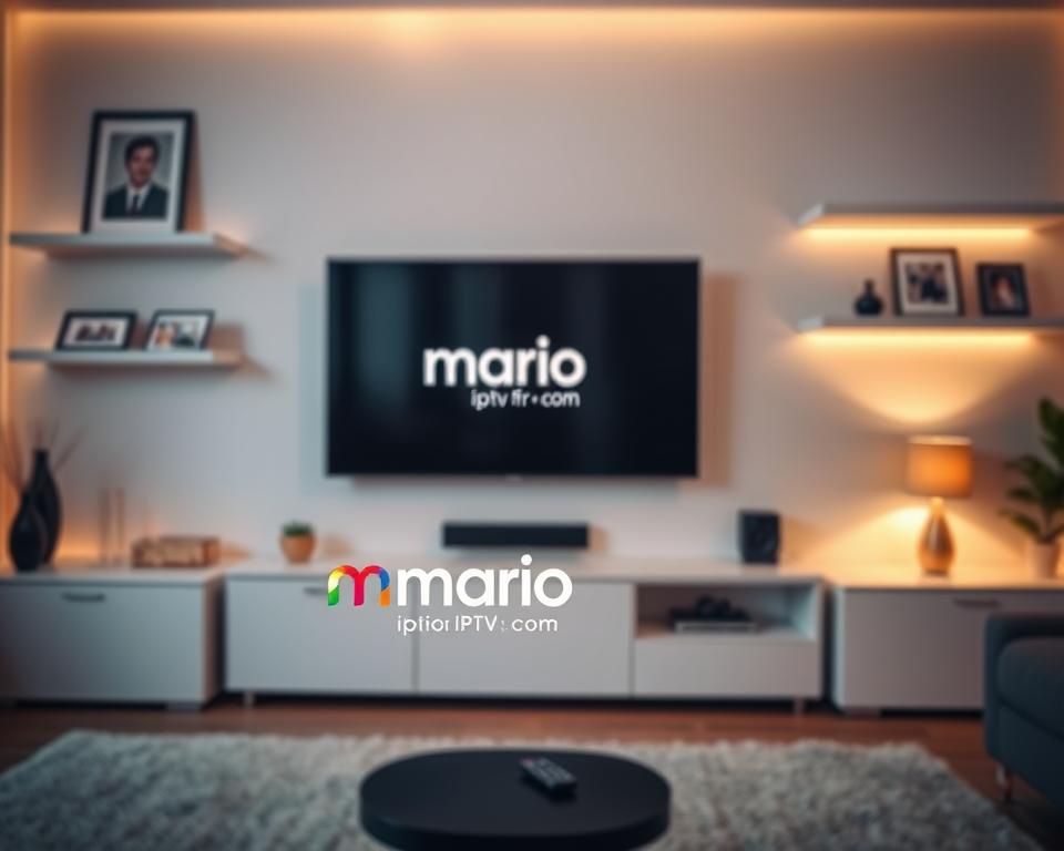 A sleek and modern home entertainment setup, with a smart TV mounted on the wall, surrounded by minimalist shelving and decor. In the foreground, a simplified IPTV interface with the logo "marioiptvfr.com" prominently displayed, showcasing its easy-to-use controls and intuitive navigation. The lighting is warm and inviting, creating a cozy atmosphere. The camera angle is slightly elevated, giving a sense of polish and professionalism to the scene. The overall impression is one of a seamless, user-friendly IPTV experience that caters to a wide range of French users.
