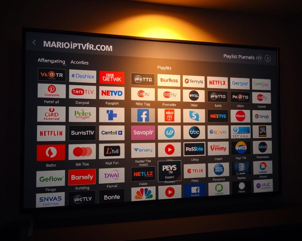 A sleek and modern playlist M3U IPTV interface showcasing the selection of channels available for French viewers. The layout features a clean grid of channel logos and names, with a prominent marioiptvfr.com branding in the corner. The interface is bathed in a soft, warm lighting that creates a sense of comfort and reliability. The scene is captured from a slightly elevated angle, giving the viewer a comprehensive overview of the content. The overall mood is one of professionalism, security, and user-friendliness, reflecting the high-quality IPTV service offered.