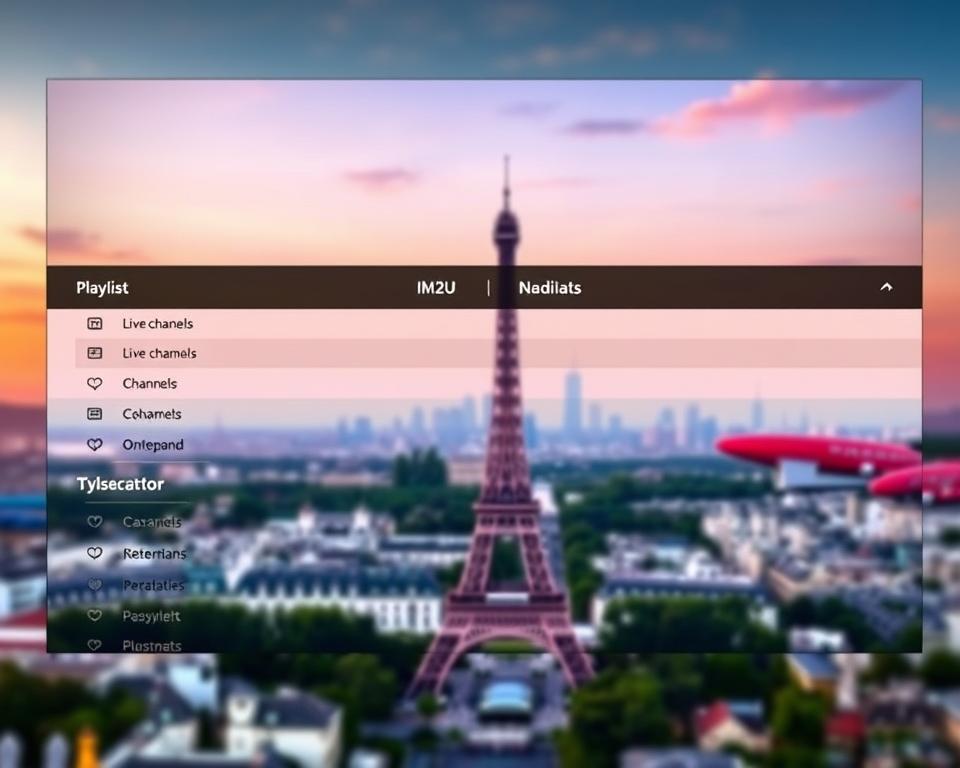 A sleek and modern playlist interface showcasing the diverse IPTV offerings of marioiptvfr.com in France. The user-friendly M3U format is prominently displayed, inviting exploration of a vast library of live channels, on-demand content, and premium subscription options. The layout features clean lines, vibrant colors, and intuitive navigation, all set against a backdrop of the iconic Eiffel Tower and the picturesque Parisian skyline. Soft lighting and a subtle depth of field create a polished, professional aesthetic that conveys the high-quality, reliable IPTV experience marioiptvfr.com provides to its French audience.