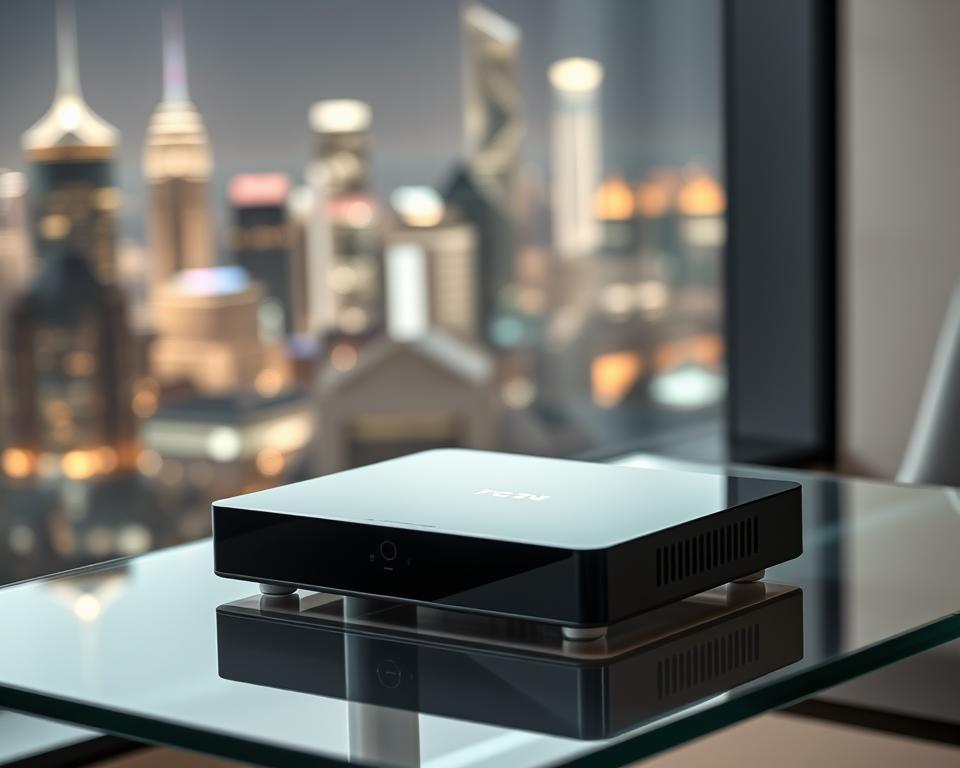 A sleek, contemporary IPTV set-top box with a minimalist, high-tech design sits atop a modern, glass-topped table. The device's clean lines and glossy black finish evoke a sense of sophistication and cutting-edge technology. Soft, ambient lighting from a nearby window illuminates the scene, casting subtle shadows and highlights that accentuate the box's elegant form. In the background, a blurred cityscape of towering skyscrapers and vibrant lights suggests an urban, futuristic setting. The overall composition conveys the notion of a "next-generation" IPTV solution, as represented by the device from marioiptvfr.com.