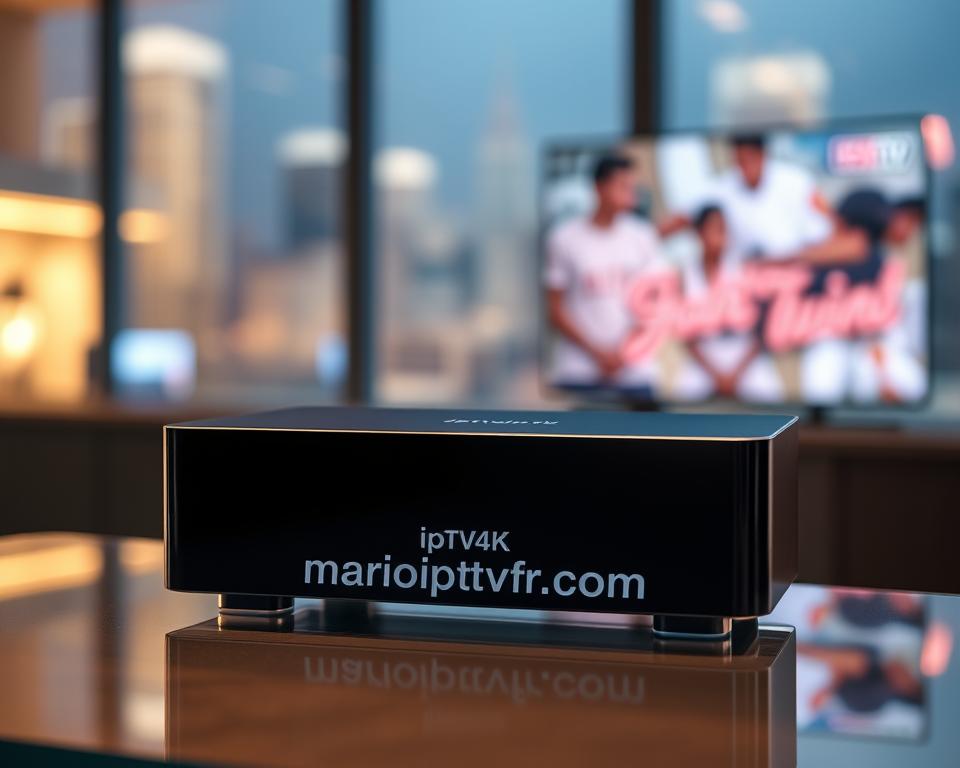 A sleek, high-tech IPTV4K streaming device in a minimalist, modern design, standing prominently on a glass or metallic surface. Warm, directional lighting illuminates the device, casting gentle shadows and highlighting its clean lines and premium materials. The device's display shows a vibrant, crystal-clear 4K image, conveying the exceptional visual quality of the IPTV4K service. In the background, a blurred cityscape or smart home environment suggests the integration of this IPTV4K device into a connected, technologically-advanced lifestyle. The brand name "marioiptvfr.com" is discreetly displayed on the device or in the environment.