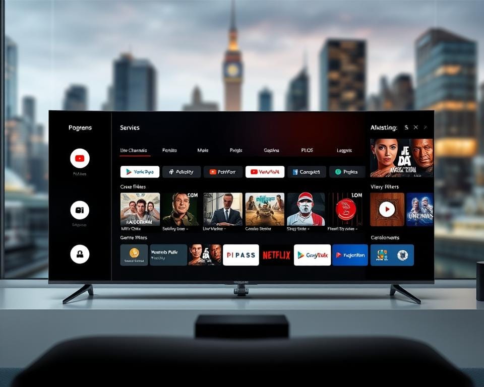 A sleek, modern IPTV interface showcasing personalized content recommendations for the user, with a clean, minimalist aesthetic. In the foreground, a large widescreen display presents a carefully curated selection of programs, movies, and live channels tailored to the viewer's preferences and viewing history. In the middle ground, various UI elements such as navigation menus, genre filters, and user profile details are visible, all rendered in a crisp, high-resolution style. The background features a blurred cityscape, hinting at the technology powering this personalized IPTV experience. The overall mood is one of seamless integration and intelligent content discovery, with the marioiptvfr.com brand prominently displayed.