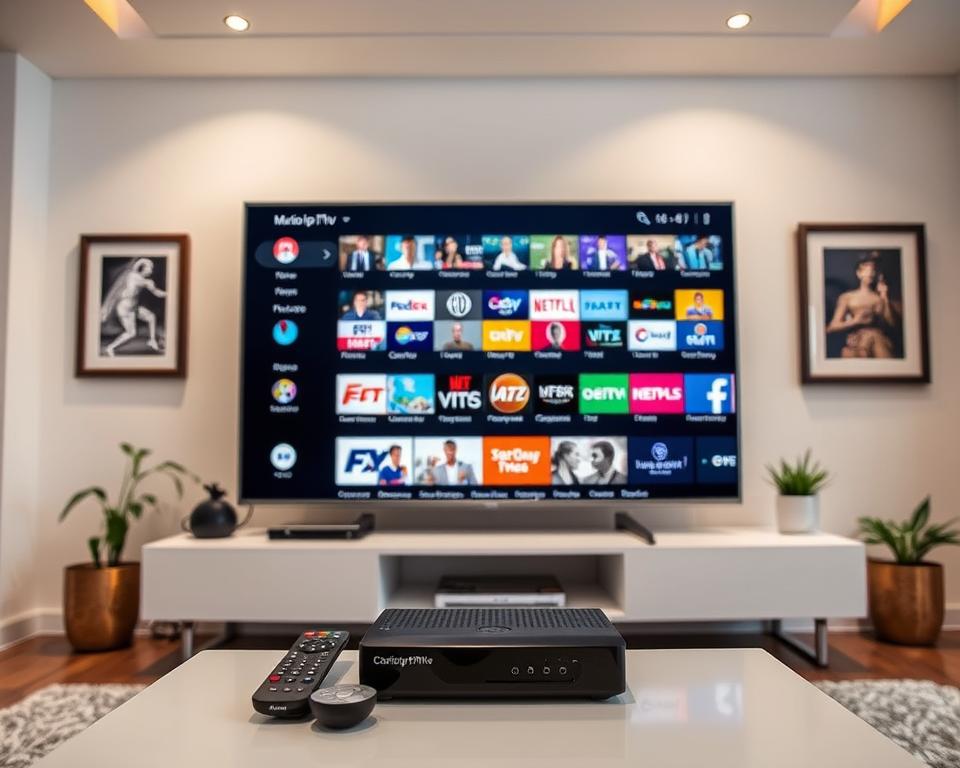 A sleek, modern IPTV setup showcasing the extensive local French TV content available through the marioiptvfr.com service. A large flatscreen TV dominates the scene, its screen displaying a vibrant, diverse array of French news, sports, and entertainment channels. In the foreground, a high-end remote control and streaming device sit atop a minimalist media cabinet, hinting at the seamless user experience. The middle ground features tasteful home decor elements like framed artwork and potted plants, creating a refined, living room atmosphere. Soft, even lighting from overhead sources bathes the scene in a warm, inviting glow, highlighting the premium quality of the IPTV solution. An air of sophistication and convenience pervades the image, reflecting the secure, reliable access to cherished local French programming.