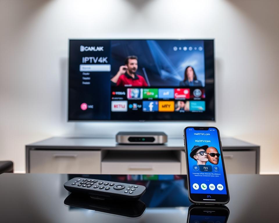 A sleek, modern configuration of a high-quality IPTV4K setup. A silver and black IPTV4K device sits atop a glossy, minimalist entertainment center, surrounded by a clean, well-lit environment. Soft, diffused lighting from above illuminates the scene, casting subtle shadows and highlights on the device. The IPTV4K interface is displayed on a large, ultra-high-definition 4K television screen, showcasing its crisp, vibrant visuals. In the foreground, a wireless remote control and a smartphone with the marioiptvfr.com app are positioned, emphasizing the seamless user experience. The overall mood is one of sophistication, technology, and user-friendliness, reflecting the optimal configuration for an immersive 4K IPTV experience.