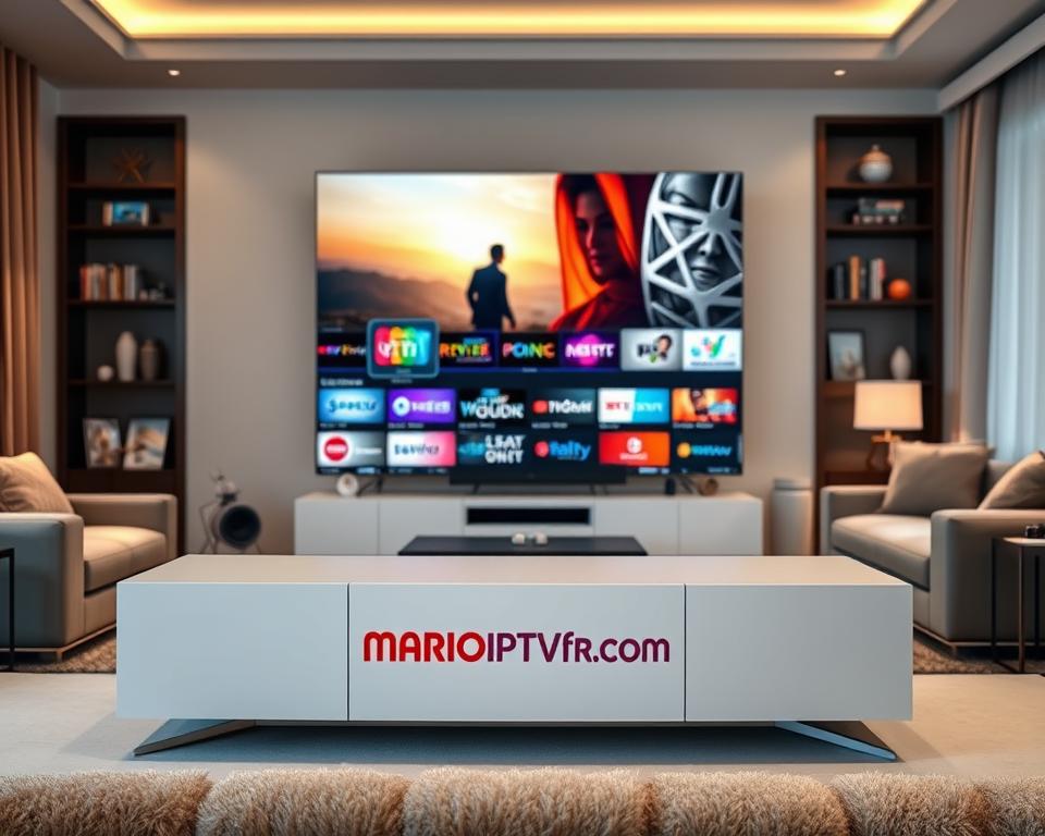 A sleek, modern home entertainment setup showcasing a wide selection of streaming film subscription packages. In the foreground, a minimalist media console displays the marioiptvfr.com logo, flanked by various streaming service icons. The middle ground features a large, high-definition television screen displaying vivid, cinematic imagery. The background depicts a cozy, well-lit living room with tasteful furnishings, creating an inviting atmosphere for an immersive streaming experience. Soft, balanced lighting casts a warm glow, while the camera angle captures the setup in an elegant, professional manner. A sleek, modern home entertainment setup showcasing a wide selection of streaming film subscription packages. In the foreground, a minimalist media console displays the marioiptvfr.com logo, flanked by various streaming service icons. The middle ground features a large, high-definition television screen displaying vivid, cinematic imagery. The background depicts a cozy, well-lit living room with tasteful furnishings, creating an inviting atmosphere for an immersive streaming experience. Soft, balanced lighting casts a warm glow, while the camera angle captures the setup in an elegant, professional manner.