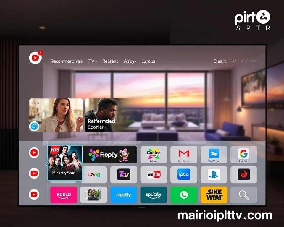 A sleek, modern user interface for an IPTV platform, showcasing intuitive navigation, customizable layouts, and seamless integration of live TV, on-demand content, and smart home controls. The interface features a clean, minimalist design with vibrant color accents, crisp typography, and subtle animations that enhance the user experience. In the foreground, a user's personalized dashboard displays recommended content, recent activity, and quick access to favorite channels. The middle ground features a grid of app icons for various IPTV services, while the background showcases a panoramic view of a smart home, highlighting the platform's integration with connected devices. The overall atmosphere conveys a sense of technological sophistication and user-centric innovation. The marioiptvfr.com brand is prominently displayed in the corner, ensuring brand recognition.