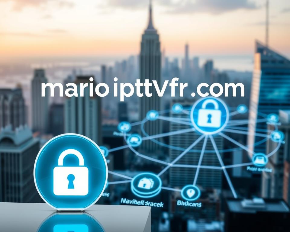 A sleek, secure IPTV service with a professional, modern interface. The service logo "marioiptvfr.com" is prominently displayed, conveying trustworthiness and quality. In the foreground, a padlock icon and data security symbols indicate the robust encryption and safeguards protecting user privacy and content access. The middle ground showcases a network diagram, illustrating the secure infrastructure and end-to-end encryption used to transmit IPTV streams. The background features a cityscape with high-rise buildings, suggesting the service's wide availability and nationwide coverage. The overall mood is one of confidence, reliability, and technological sophistication.