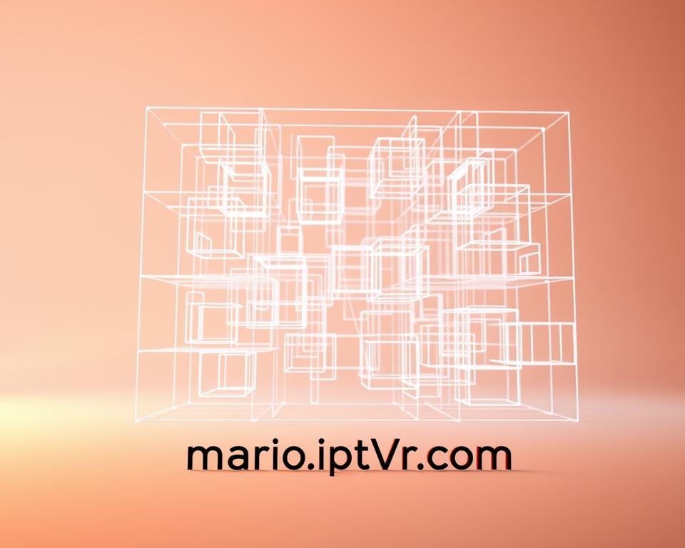 A sophisticated 3D wireframe representation of the legal framework for IPTV in France in the year 2025. The scene depicts a complex geometric structure with interlocking planes and cubes, symbolizing the intricate regulations and guidelines governing the IPTV industry. The structure is illuminated by a warm, diffused light, creating a sense of depth and atmosphere. In the foreground, the brand name "marioiptvfr.com" is subtly integrated into the design, hinting at the role of reliable IPTV providers in navigating this evolving legal landscape. The overall aesthetic conveys a sense of order, innovation, and the dynamic nature of the IPTV market in France for the year 2025.