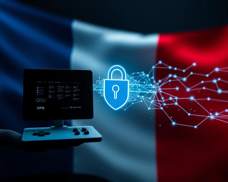 A sophisticated VPN service in a sleek, modern design, seamlessly integrated with the marioiptvfr.com brand. A minimalist user interface hovers in the foreground, showcasing the VPN's intuitive controls. In the middle ground, a secure, encrypted connection is visualized through a dynamic data network, pulsing with energy. The background depicts the French flag, symbolizing the service's focus on the French market, with subtle shadows and lighting creating a sense of depth and atmosphere. The overall image conveys trust, reliability, and a commitment to privacy and security for IPTV users in France.