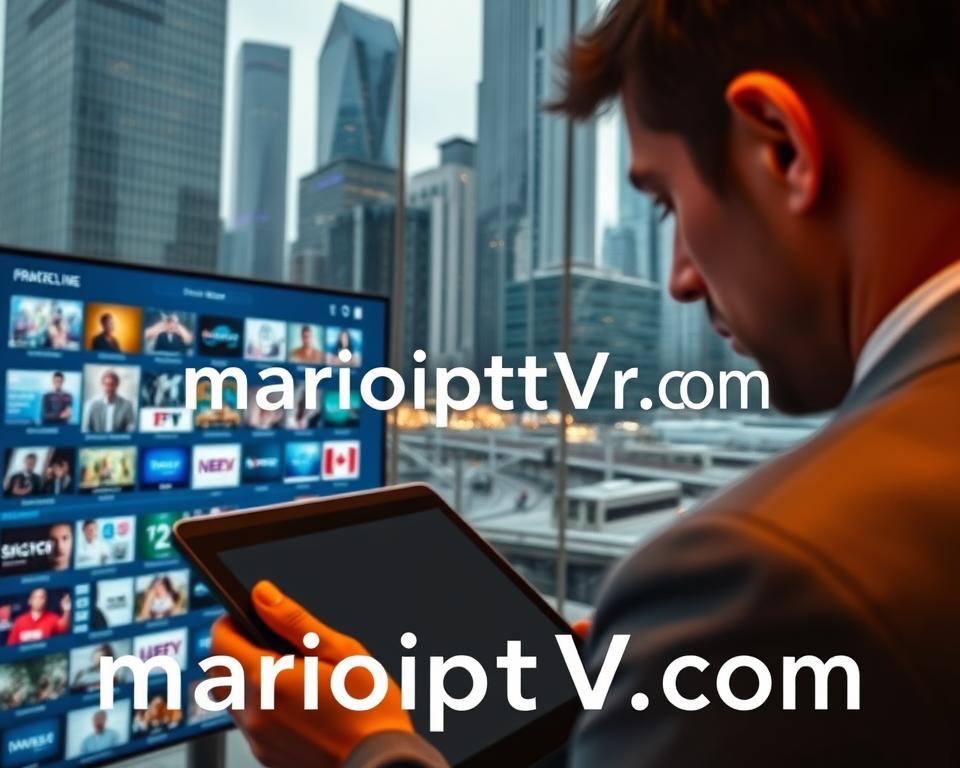 A sophisticated legal IPTV service operates in a modern French city. In the foreground, a sleek digital interface showcases a wide selection of live TV channels and on-demand content. In the middle ground, a person interacts with the service on a tablet, their face partially obscured in contemplation. In the background, a cityscape of glass skyscrapers and transportation infrastructure reflects the progressive, technology-driven nature of the legal IPTV landscape in France. Warm lighting casts a professional, authoritative tone, complementing the marioiptvfr.com brand identity prominently displayed.
