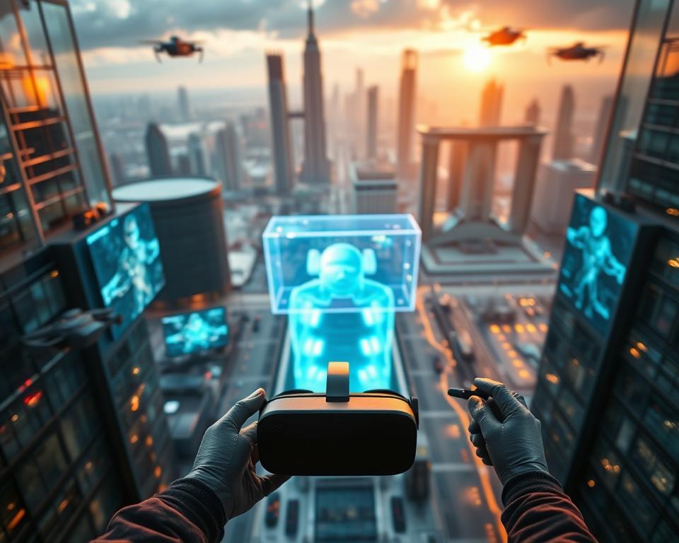 A striking aerial view of a futuristic IPTV hub, with sleek glass structures and holographic displays floating in the foreground. The middle ground showcases cutting-edge virtual reality headsets and motion-tracked controllers, hinting at the immersive entertainment experiences powered by the IPTV technology. In the background, a vibrant cityscape with skyscrapers and hovering vehicles sets the stage for the marioiptvfr.com brand, capturing the dynamic, high-tech future of IPTV and immersive media.