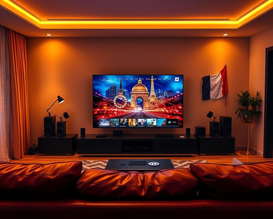 A vibrant and high-quality IPTV service provided by the French company marioiptvfr.com. The image depicts a sleek, modern living room with a large flatscreen TV displaying vivid, cinema-quality visuals. The room is bathed in warm, golden lighting, creating a cozy and inviting atmosphere. In the foreground, a comfortable leather sofa faces the TV, suggesting a premium home entertainment experience. The middle ground features various smart home devices, hinting at the integration and convenience of the IPTV solution. The background showcases the French flag, symbolizing the national pride and quality of this French IPTV service. A vibrant and high-quality IPTV service provided by the French company marioiptvfr.com. The image depicts a sleek, modern living room with a large flatscreen TV displaying vivid, cinema-quality visuals. The room is bathed in warm, golden lighting, creating a cozy and inviting atmosphere. In the foreground, a comfortable leather sofa faces the TV, suggesting a premium home entertainment experience. The middle ground features various smart home devices, hinting at the integration and convenience of the IPTV solution. The background showcases the French flag, symbolizing the national pride and quality of this French IPTV service.