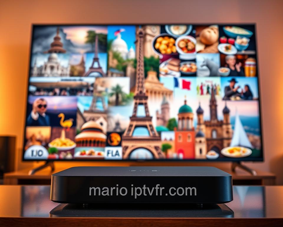 A vibrant and immersive IPTV scene, showcasing the diverse local content available in France. In the foreground, a sleek IPTV device with the brand name "marioiptvfr.com" prominently displayed, symbolizing the seamless integration of local programming. The middle ground features a collage of iconic French landmarks, cultural events, and regional cuisines, capturing the essence of the country's rich heritage. The background paints a cinematic landscape, with warm lighting and a soft, dreamlike atmosphere, creating a sense of comfort and familiarity. This image beautifully encapsulates the growing trend of locally-sourced IPTV content, catering to the preferences and interests of the French audience.