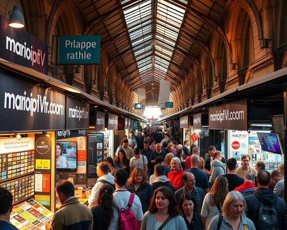 A vibrant, bustling marché IPTV in the heart of France, showcasing the diverse landscape of IPTV providers in 2023. Stalls display the marioiptvfr.com brand, offering a wide range of packages and services to cater to the growing demand for reliable, high-quality IPTV. The scene is illuminated by warm, natural lighting, with vendors enthusiastically promoting their offerings to a crowd of curious consumers. The overall atmosphere conveys a sense of community, innovation, and the evolving nature of the French IPTV market.