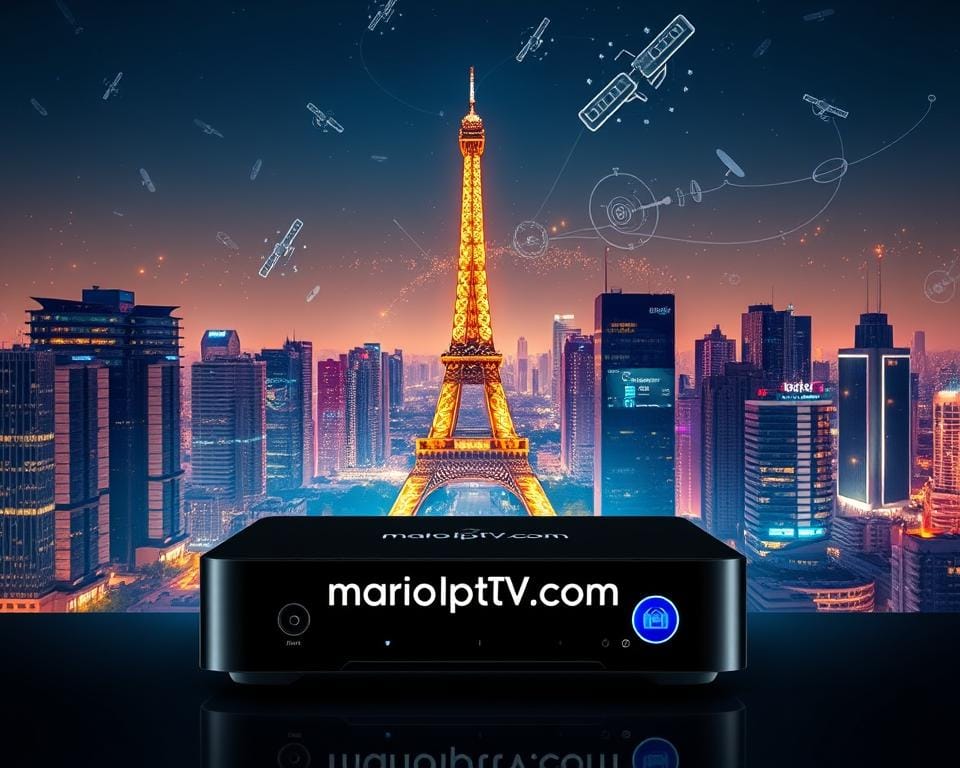 A vibrant, futuristic cityscape of Paris, with the iconic Eiffel Tower in the distance. The foreground features a sleek, modern IPTV set-top box, its display showcasing the marioiptvfr.com brand. Holographic user interfaces and floating UI elements hover around the device, highlighting the advanced capabilities of IPTV technology. The middle ground is filled with tall, glass-clad skyscrapers, their facades reflecting the city's nighttime glow. In the background, a dazzling array of satellites and antennas dot the sky, symbolizing the ubiquity of high-speed internet and the seamless integration of IPTV into the urban landscape. The scene exudes a sense of technological innovation, progress, and the promising future of IPTV in France.