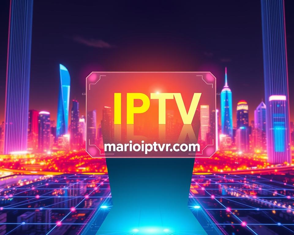 A vibrant, futuristic image of "intelligence artificielle IPTV". In the foreground, a sleek, holographic display showcases personalized IPTV content, tailored to the user's preferences through advanced AI algorithms. The middle ground features a network of interconnected nodes, representing the intelligent infrastructure powering the IPTV system. In the background, a cityscape with towering skyscrapers and a vibrant, neon-lit skyline, symbolizing the integration of IPTV technology into the smart city landscape. The scene is bathed in a warm, futuristic glow, creating an atmosphere of innovation and progress. The brand name "marioiptvfr.com" is prominently displayed, highlighting the cutting-edge IPTV solution.