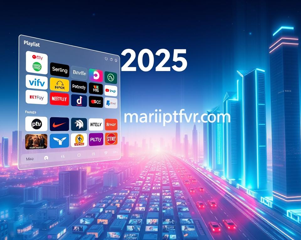 A vibrant, futuristic playlist M3U IPTV interface for the French market in 2025. Sleek, minimalist design with clean lines and a bold color palette. The foreground features a floating grid of streaming service logos, apps, and video thumbnails. In the middle ground, a seamless grid of channel thumbnails showcases the diverse content available. The background depicts a cityscape of skyscrapers and hover cars, bathed in a warm, neon glow. The entire scene is captured with a cinematic, wide-angle lens, conveying a sense of technological advancement and innovation. Prominently displayed is the brand "marioiptvfr.com", reflecting the cutting-edge IPTV solutions catering to the French audience. A vibrant, futuristic playlist M3U IPTV interface for the French market in 2025. Sleek, minimalist design with clean lines and a bold color palette. The foreground features a floating grid of streaming service logos, apps, and video thumbnails. In the middle ground, a seamless grid of channel thumbnails showcases the diverse content available. The background depicts a cityscape of skyscrapers and hover cars, bathed in a warm, neon glow. The entire scene is captured with a cinematic, wide-angle lens, conveying a sense of technological advancement and innovation. Prominently displayed is the brand "marioiptvfr.com", reflecting the cutting-edge IPTV solutions catering to the French audience.