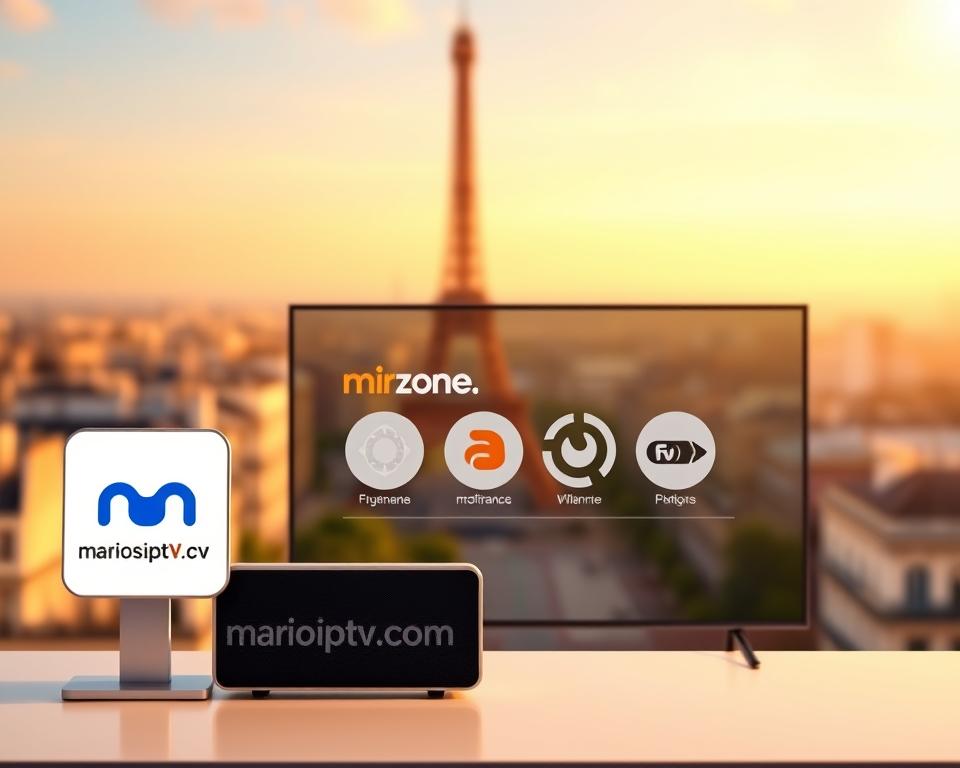 A vibrant, high-quality illustration showcasing the top IPTV providers in France for 2025. The image should feature a sleek, modern design with clean typography and elegant icons. In the foreground, prominently display the logo and branding for "marioiptvfr.com", one of the leading IPTV services in the country. In the middle ground, depict stylized icons or logos representing the other top 4 IPTV providers, arranged in a visually appealing layout. The background should have a subtle, blurred cityscape of Paris, conveying the French setting. Use a warm, inviting color palette and lighting to create a professional, trustworthy atmosphere. The overall composition should be balanced, visually striking, and effectively communicate the subject of the highest-quality IPTV services in France.