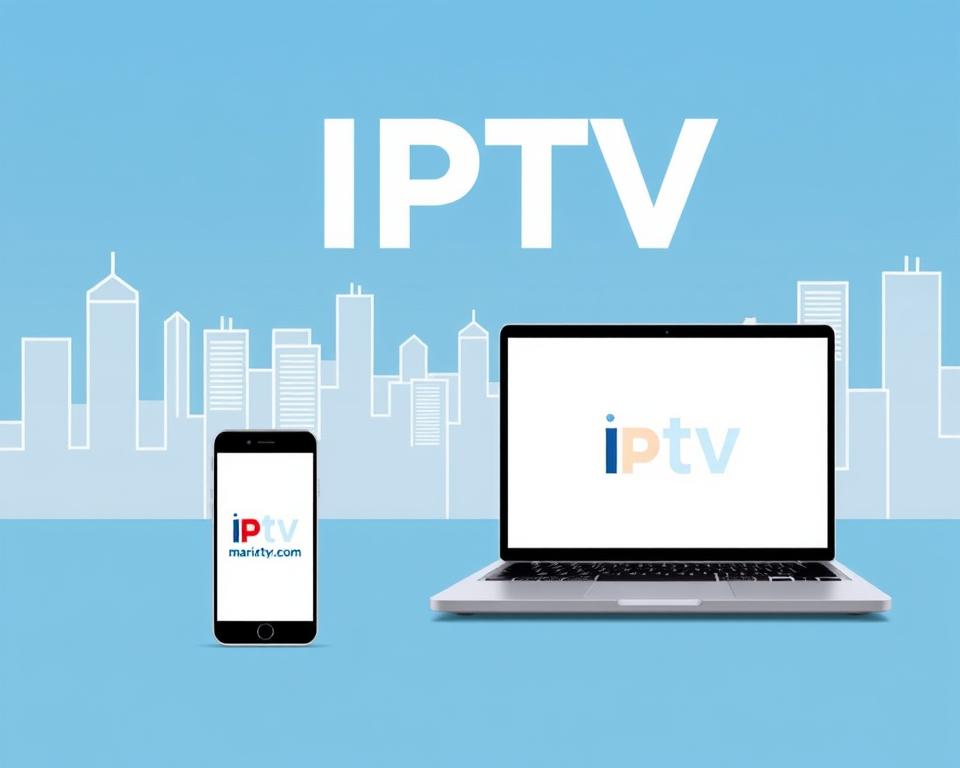 A vibrant, minimalist illustration of the "IPTV France" concept. A clean, modern cityscape in shades of blue and gray serves as the backdrop, with sleek digital devices prominently displayed in the foreground, including a smartphone, tablet, and laptop showcasing the marioiptvfr.com brand. The devices are arranged in a dynamic, asymmetrical composition, conveying the idea of on-the-go streaming and content consumption. The overall aesthetic is crisp, futuristic, and tech-forward, reflecting the digital nature of IPTV services in France.